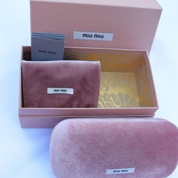 Miu Miu Sunglasses Case, Pink Velvet Clamshell,Boxed, Gray Cloth, Drawstring Bag - Picture 1 of 12